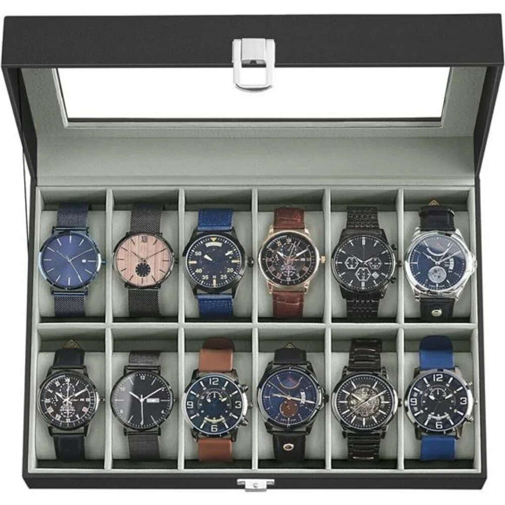 SONGMICS Watch Box 12 Slot Display Case Glass Lid Black Leather Organizer